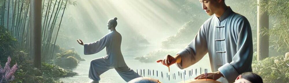 Acupuncture et Qi Gong dans un cadre traditionnel chinois, mettant en scène un praticien appliquant des aiguilles sur une patiente allongée et une personne pratiquant le Qi Gong en arrière-plan dans un jardin paisible, symbolisant la synergie entre ces deux pratiques pour la santé et le bien-être.