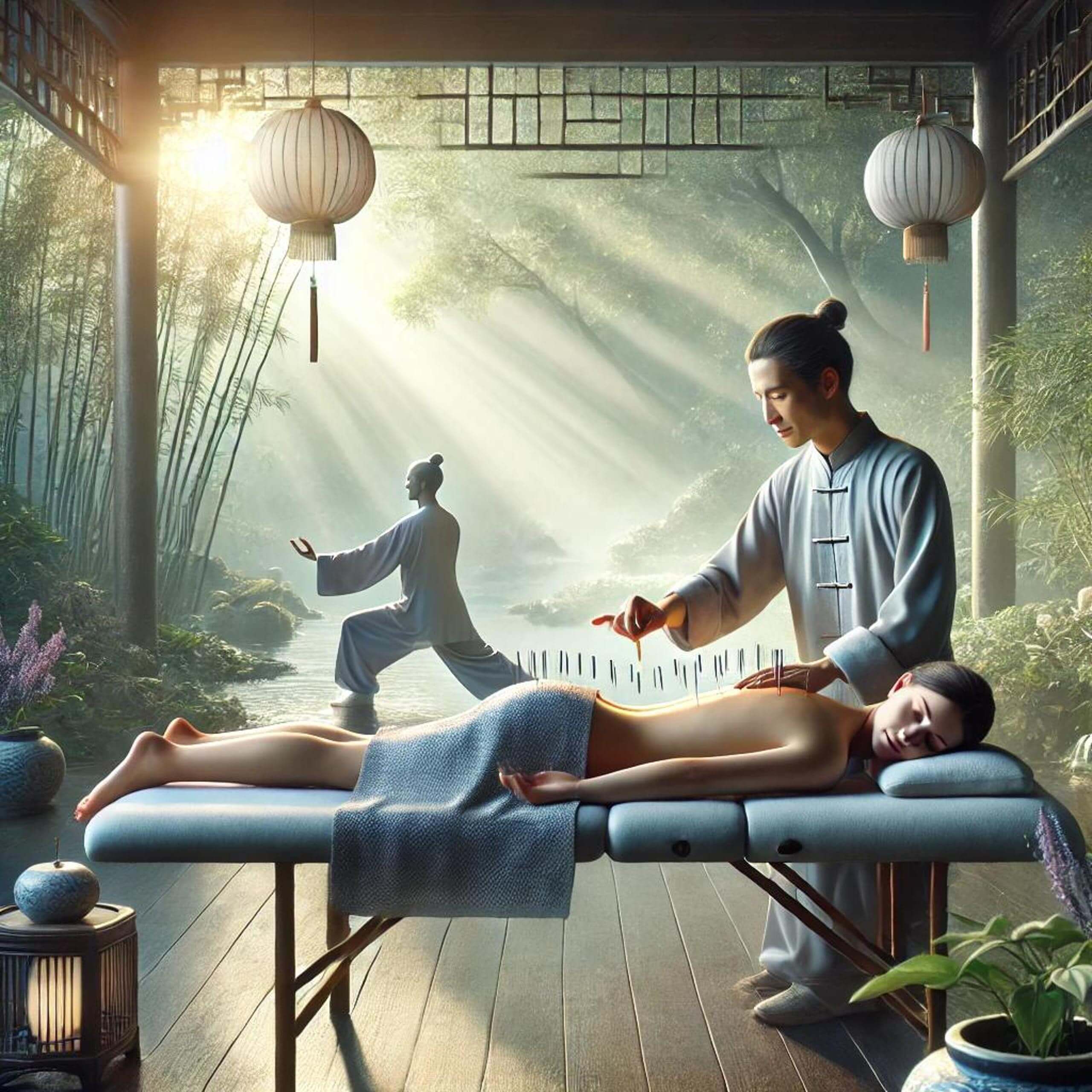Cette image illustre l'harmonie entre l'acupuncture et le Qi Gong, deux pratiques issues de la médecine traditionnelle chinoise. On y voit un praticien appliquant des aiguilles d'acupuncture sur une patiente dans un cadre paisible, avec un pratiquant de Qi Gong exécutant des mouvements méditatifs en arrière-plan. Parfaite pour représenter la synergie entre ces disciplines, cette scène met en avant leurs bienfaits pour la santé, l'équilibre énergétique, et le bien-être global.