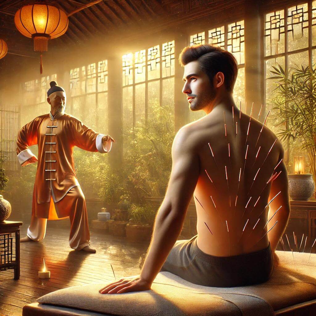 Cette photo capture un homme bénéficiant d'une séance d'acupuncture dans un espace apaisant, accompagné d'un maître de Qi Gong effectuant des mouvements harmonieux. Le décor traditionnel chinois, avec des lanternes et une végétation luxuriante, souligne l'équilibre entre ces deux pratiques millénaires pour favoriser le bien-être, réduire le stress, et harmoniser l'énergie vitale.