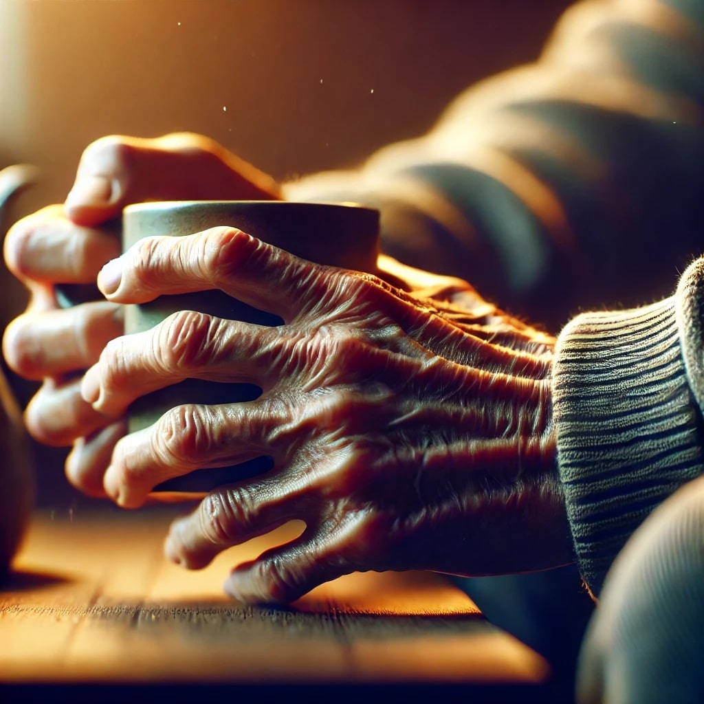 Cette image illustre les effets de la maladie de Parkinson, mettant en avant des mains tremblantes tentant de tenir une tasse de thé. Elle capture la difficulté des gestes du quotidien tout en reflétant la résilience des personnes atteintes de cette maladie neurodégénérative. Grâce à un éclairage doux et un focus précis sur les détails, cette représentation poignante sensibilise au combat contre Parkinson.