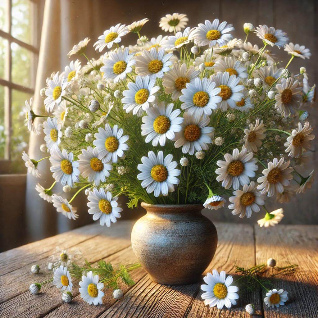 Cette image met en valeur un magnifique bouquet de fleurs de camomille, disposé dans un vase rustique sur une table en bois. Les pétales blancs et les cœurs jaunes lumineux des fleurs sont baignés d'une lumière naturelle apaisante. Parfait pour illustrer les bienfaits de la tisane de la camomille pour la relaxation, le sommeil et les remèdes naturels, cette scène évoque une ambiance de sérénité et de bien-être.