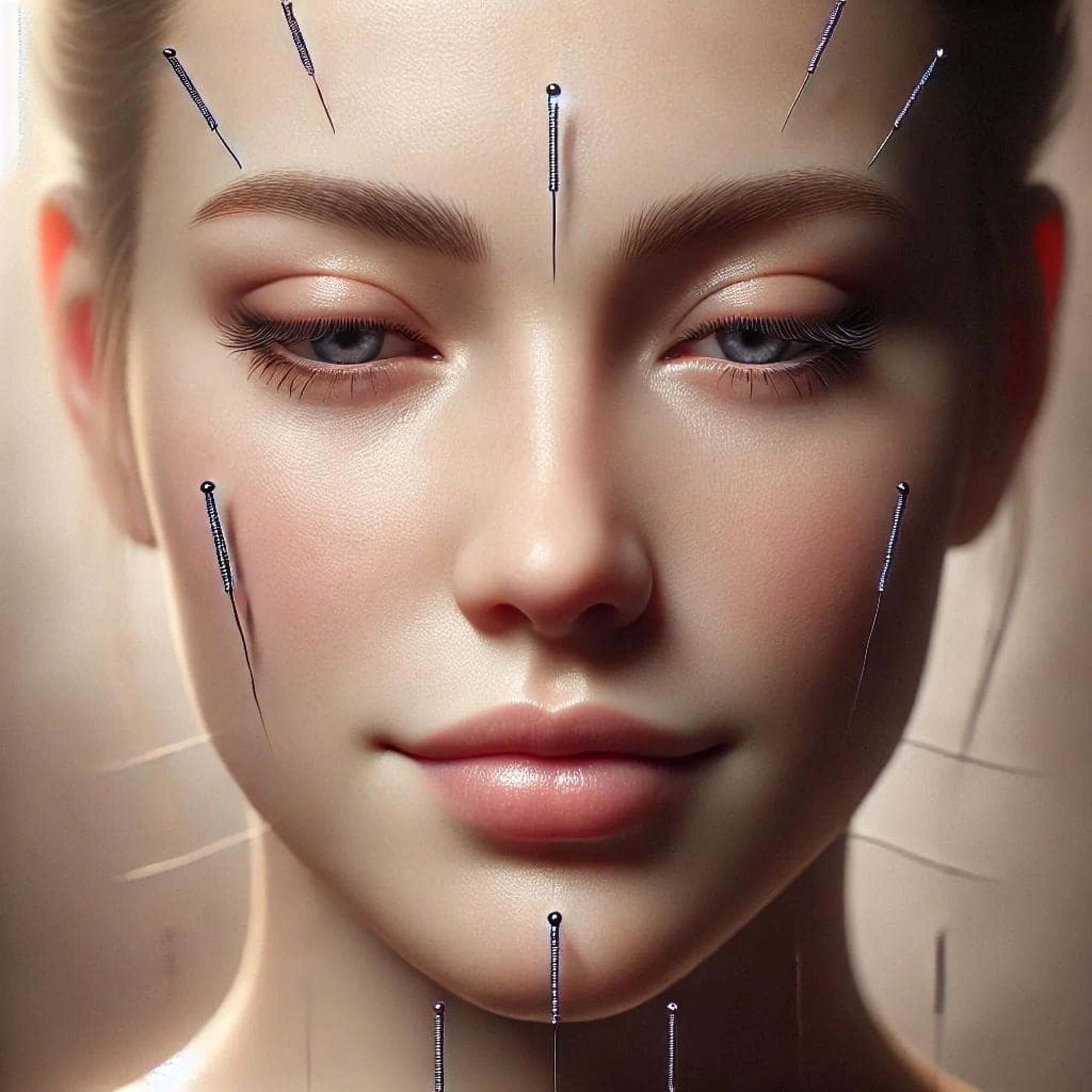Cette image illustre une séance d'acupuncture faciale, où de fines aiguilles sont insérées avec précision sur des points spécifiques du visage. Cette pratique, issue de la médecine traditionnelle, est réputée pour ses bienfaits sur la relaxation, l'amélioration de la circulation sanguine et la promotion d'une peau lumineuse et rajeunie. Un cadre apaisant qui inspire au bien-être et à la sérénité.