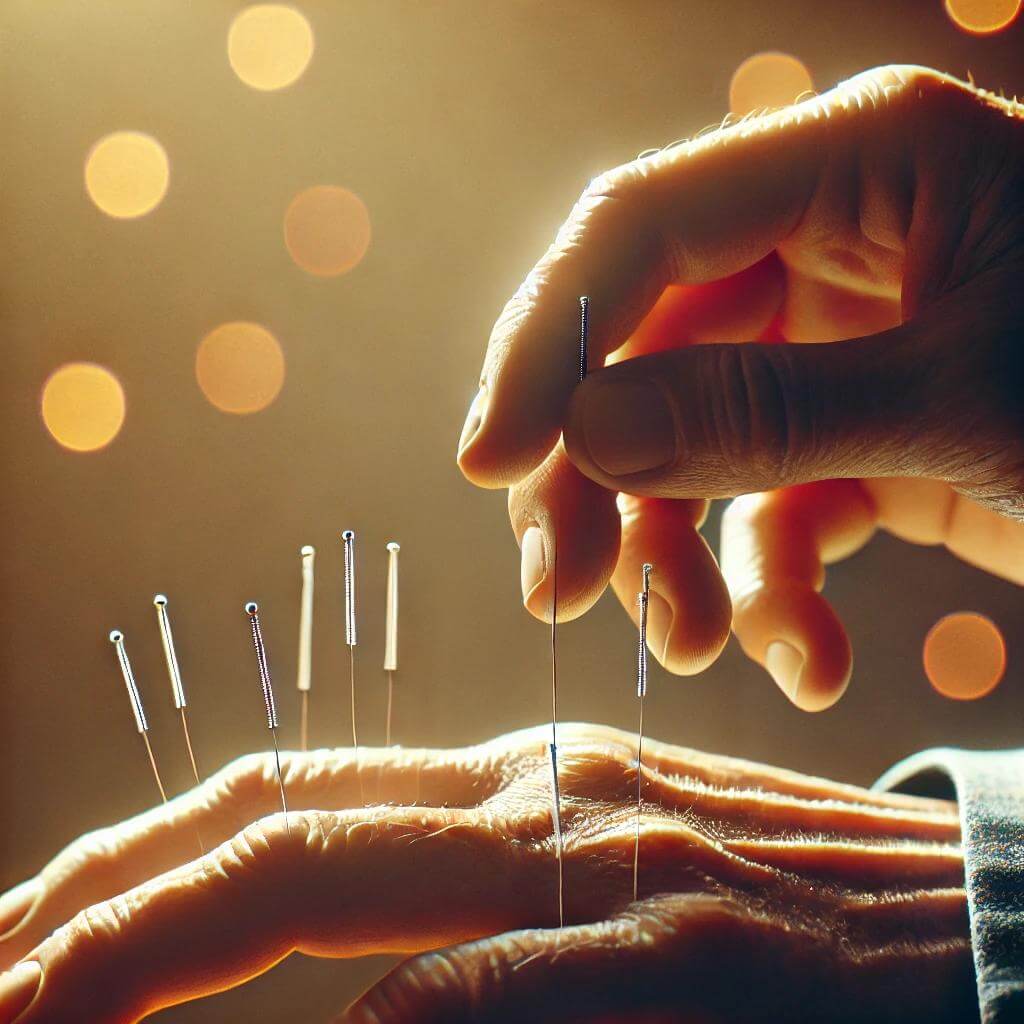 Cette image illustre une main tremblante recevant une séance d'acupuncture. Les aiguilles d'acupuncture, insérées avec précision, visent à stimuler les points énergétiques pour ralentir les symptômes de la maladie d'Alzheimer. L'acupuncture est reconnue pour ses bienfaits sur la mémoire, l’humeur et les fonctions cognitives, offrant une approche naturelle complémentaire aux traitements traditionnels.