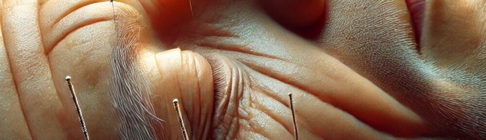 Visage d’une personne âgée recevant une séance d’acupuncture avec des aiguilles insérées à des points stratégiques pour améliorer la santé neurologique et soulager les symptômes liés à la maladie d'Alzheimer.