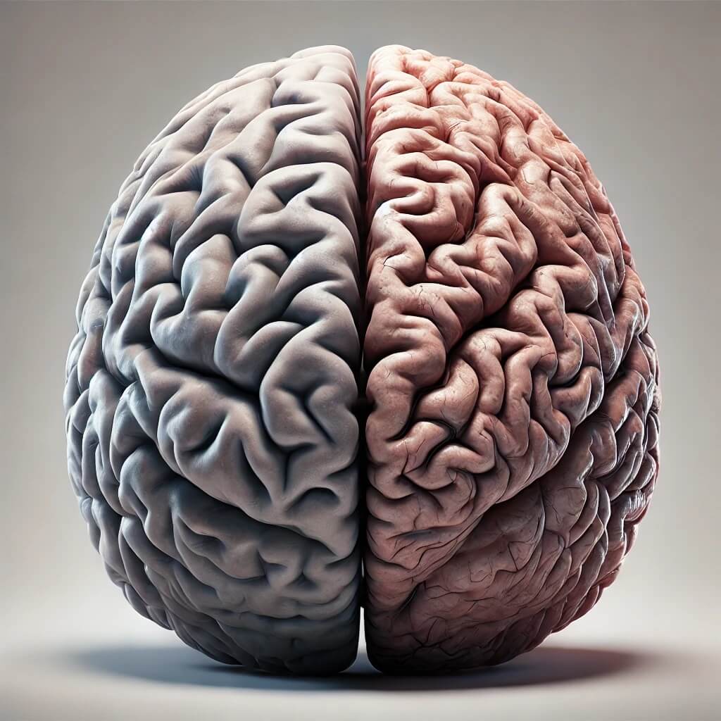 Cette illustration hyper-réaliste met en évidence la comparaison entre un cerveau en bonne santé et un cerveau affecté par la maladie d'Alzheimer. L’image illustre la diminution du volume cérébral, l’élargissement des sillons et l’atrophie du cortex, soulignant les impacts destructeurs de cette maladie neurodégénérative.