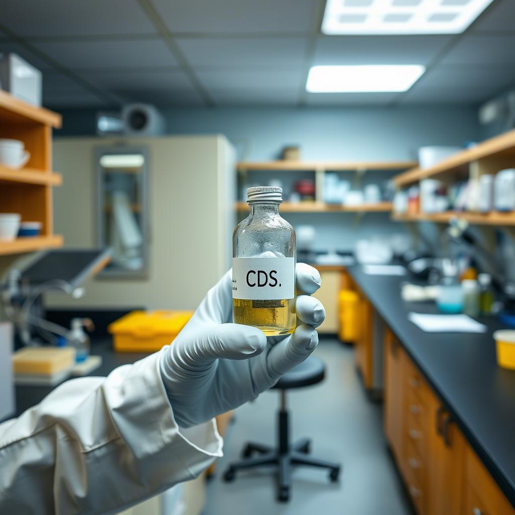 Cette image montre un flacon de dioxyde de chlore (CDS) tenu par un chercheur en laboratoire. Utilisé dans l’assainissement de l’eau et certaines études médicales alternatives, le CDS est un oxydant efficace contre les bactéries et virus. Découvrez ses bienfaits et précautions dans notre article détaillé.