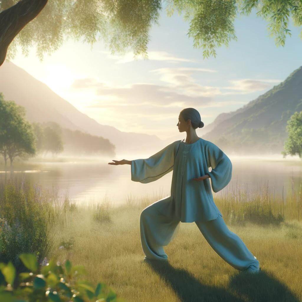 Découvrez les bienfaits du Qi Gong à travers cette image capturant une séance de méditation en mouvement en pleine nature. Cette pratique ancestrale chinoise, alliant respiration, fluidité et concentration, favorise la détente, l’équilibre et la vitalité. Un cadre paisible avec verdure et lac en arrière-plan renforce la connexion avec l’énergie naturelle, idéale pour améliorer le bien-être physique et mental.