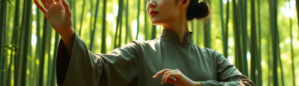 Femme pratiquant le Tai Chi dans une forêt de bambou, illustrant la connexion entre la nature et le bien-être à travers une pratique ancestrale.