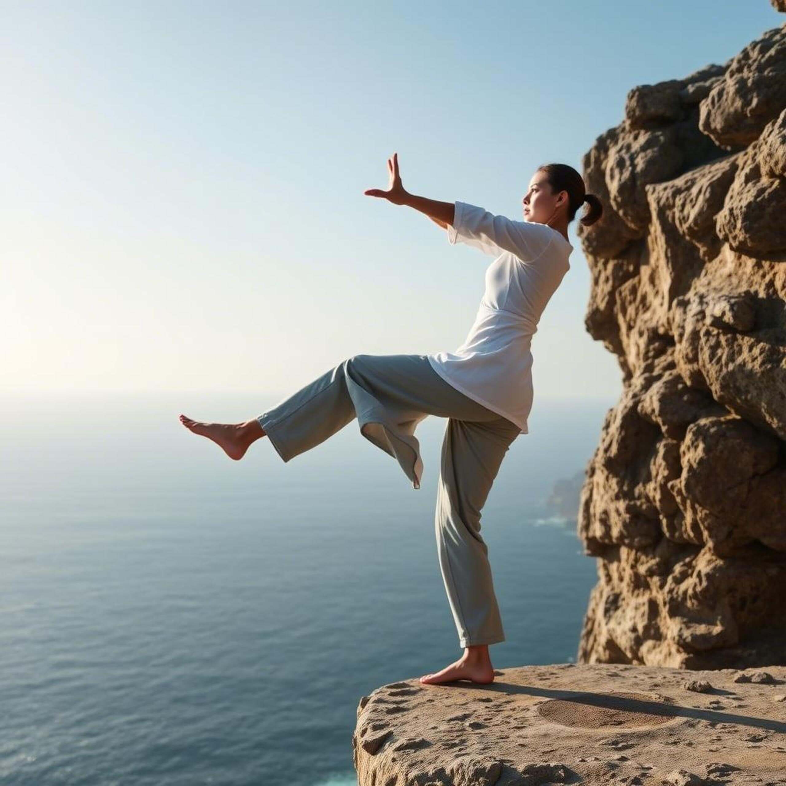 Cette image représente une femme exécutant une posture de Tai Chi sur une falaise surplombant la mer. La scène, baignée de lumière naturelle, illustre la puissance apaisante et revitalisante de cette pratique millénaire dans un cadre inspirant.