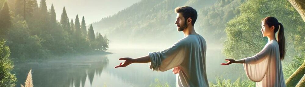 Deux personnes pratiquant le Qi Gong en pleine nature, effectuant des mouvements harmonieux pour favoriser la détente, l'équilibre et la vitalité. Paysage apaisant avec verdure, lac et montagnes en arrière-plan.