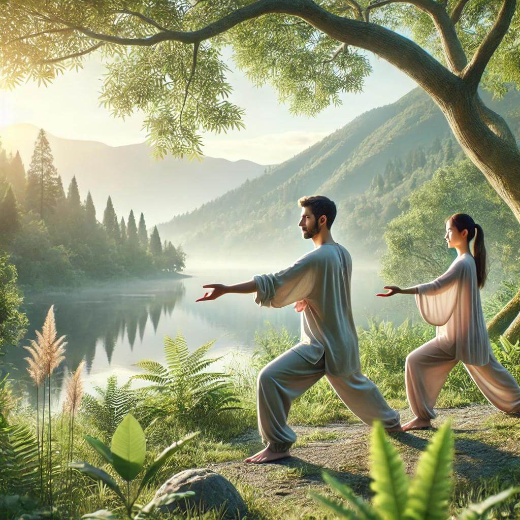 Découvrez la pratique du Qi Gong à deux dans un cadre naturel apaisant. Cette image illustre un homme et une femme exécutant des mouvements fluides et synchronisés, renforçant équilibre, bien-être et connexion énergétique. Entourés de verdure, avec un lac et des montagnes en arrière-plan, ils profitent des bienfaits de cette discipline ancestrale chinoise, idéale pour la relaxation et la vitalité.