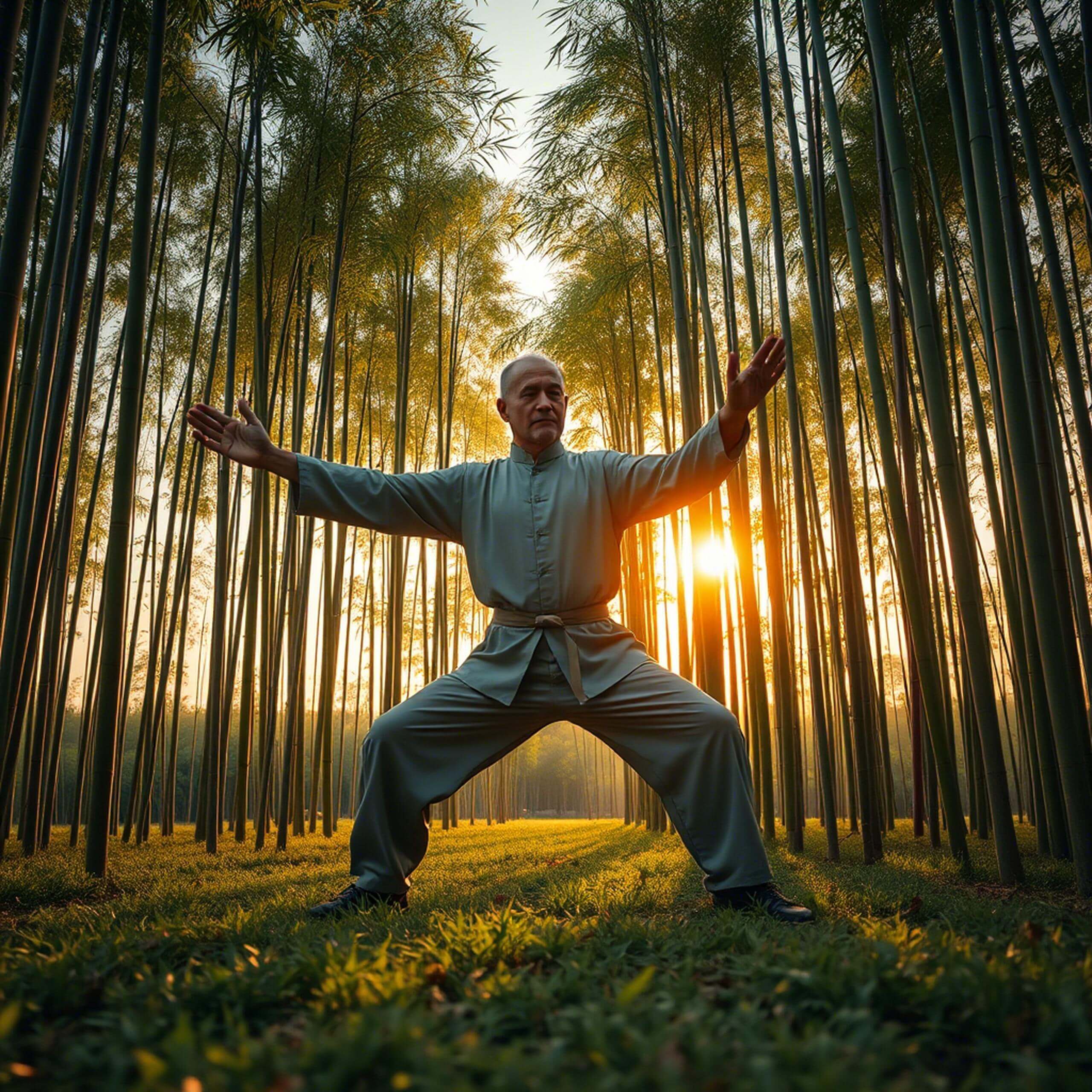Cette image présente un homme effectuant une posture de Tai Chi dans une forêt de bambous baignée par la lumière du lever du soleil. L'ambiance paisible et naturelle souligne les bienfaits de cette pratique millénaire pour l'équilibre physique et mental.