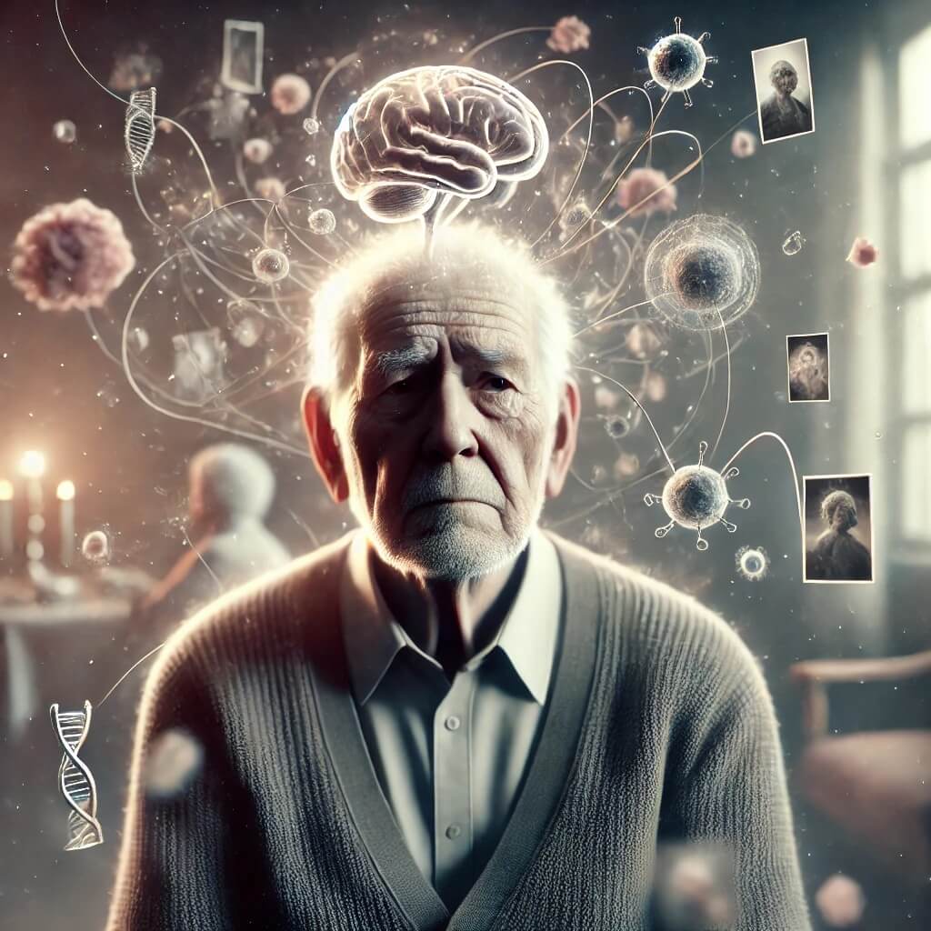Cette image 3D hyper-réaliste illustre les signes précoces de la maladie d'Alzheimer à travers le regard confus d'une personne âgée. Elle met en lumière les troubles de la mémoire et la détérioration cognitive qui accompagnent cette maladie neurodégénérative.