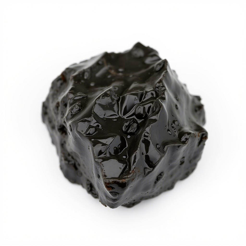 Cette image présente un morceau naturel de Shilajit, une résine organique précieuse issue des montagnes, utilisée en médecine traditionnelle pou