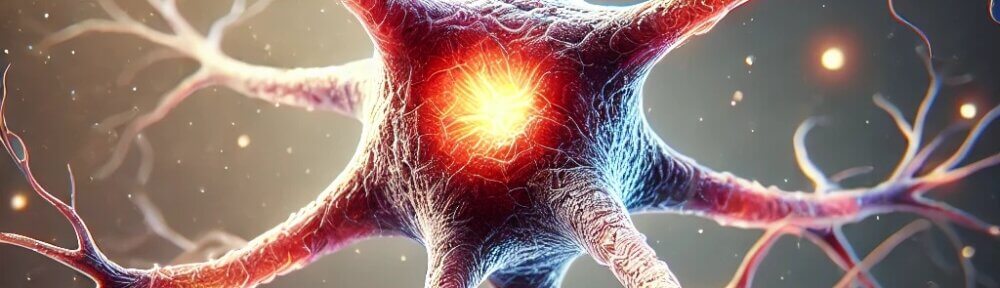 Illustration hyper-réaliste d'un neurone en bonne santé, mettant en avant des synapses actives et un noyau vibrant. Image destinée à un article sur la maladie d'Alzheimer et ses conséquences.