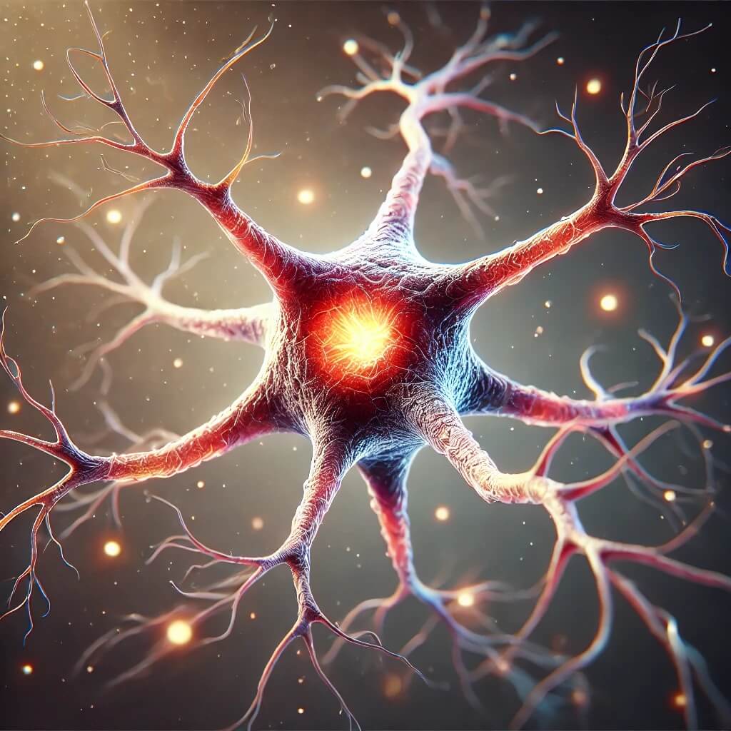 Cette image 3D hyper-réaliste représente un neurone en parfait état, avec des synapses actives et un noyau vibrant. Elle illustre le fonctionnement optimal des cellules nerveuses et sert à souligner l'impact des maladies neurodégénératives comme Alzheimer sur la communication neuronale.
