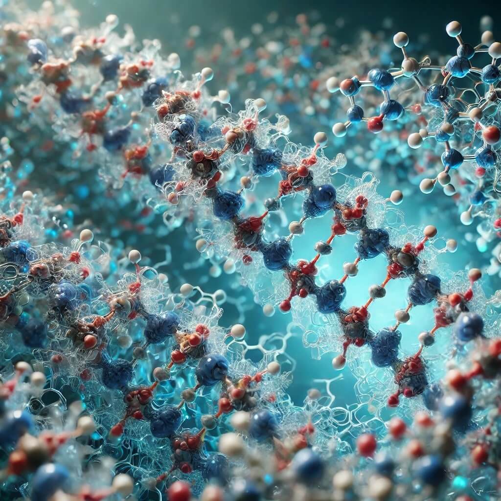 Cette image hyper-réaliste représente la structure moléculaire des peptides avec des chaînes d'acides aminés et des liaisons biochimiques lumineuses. Utilisés en science, en cosmétique et en santé, les peptides jouent un rôle clé dans la régénération cellulaire et la communication biologique. Cette illustration met en avant leur complexité et leur importance dans les formulations avancées.