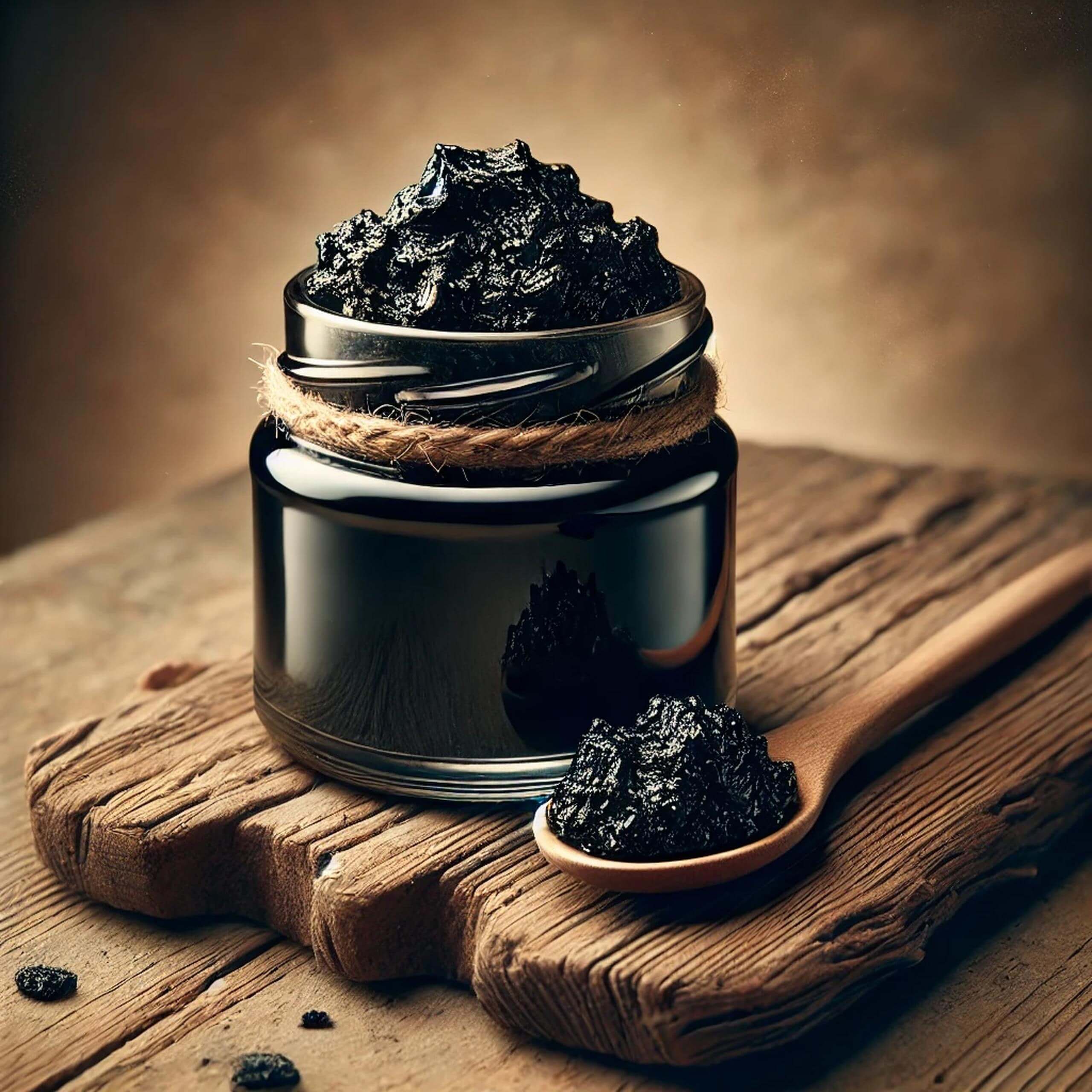 Cette image illustre un pot de Shilajit pur, prêt à l'usage, placé sur une planche en bois rustique pour une présentation naturelle et authentique. Le Shilajit, utilisé depuis des millénaires en Ayurvéda, est réputé pour ses bienfaits sur la santé et le bien-être.