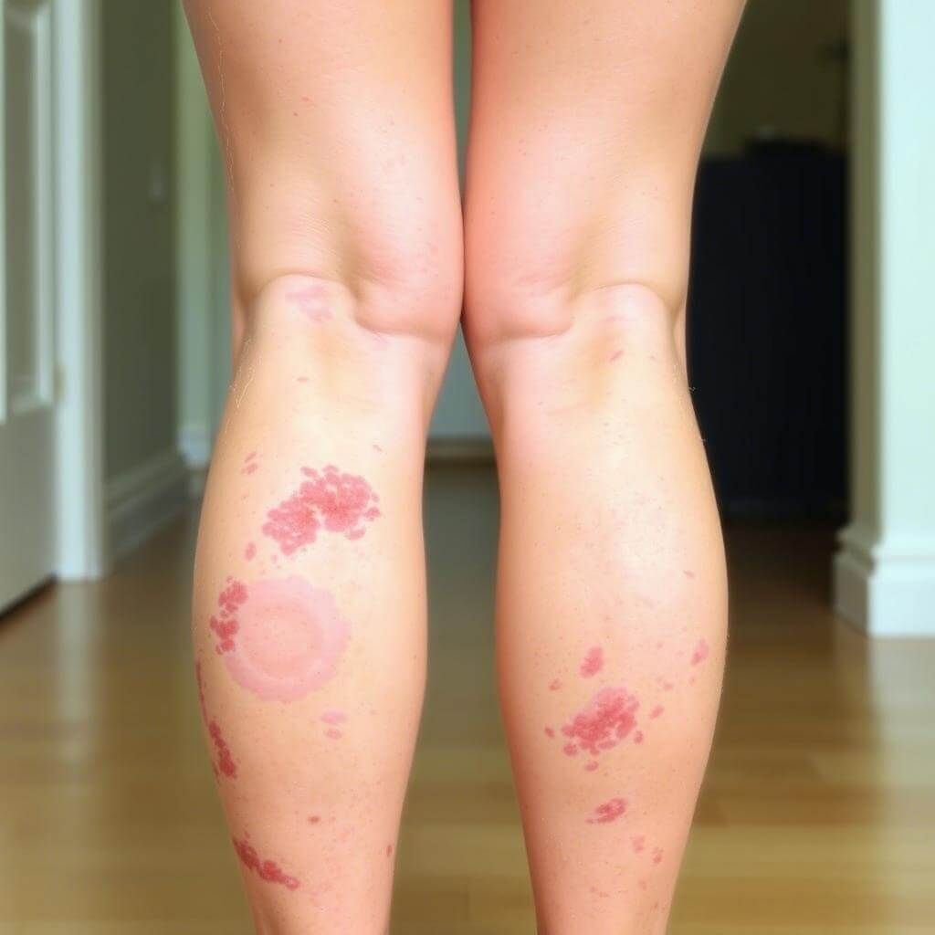 Cette image montre un cas de psoriasis affectant les jambes, caractérisé par des plaques rouges épaisses recouvertes d’écailles blanches. Le psoriasis est une maladie auto-immune chronique de la peau, souvent déclenchée par le stress, des infections ou des facteurs génétiques. Il peut provoquer des démangeaisons et une gêne importante pour les personnes atteintes.