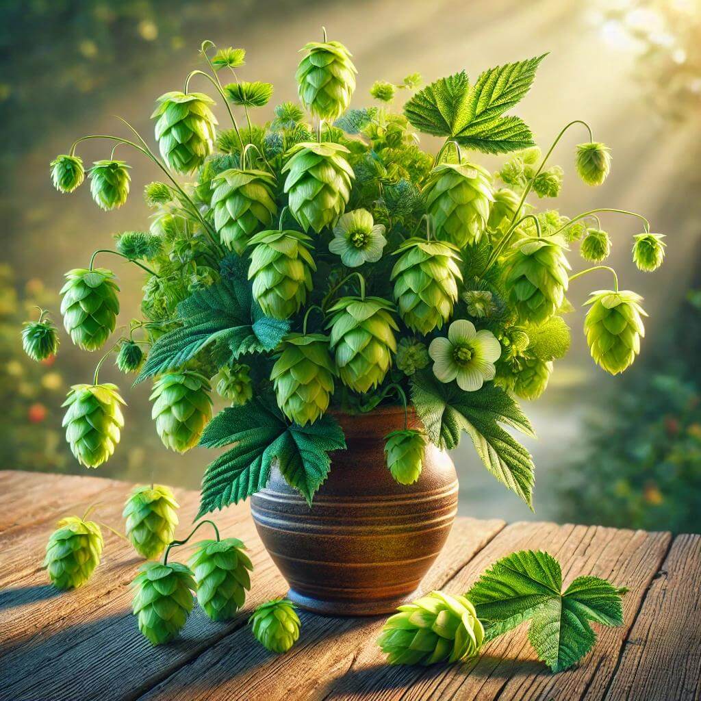 Cette image met en avant un magnifique bouquet de houblon fraîchement cueilli, disposé dans un vase rustique sur une table en bois. Avec ses cônes verts caractéristiques et ses feuilles luxuriantes, la tisane de houblon est reconnu pour ses bienfaits relaxants et son usage en phytothérapie et en brassage artisanal. Idéale pour illustrer un blog sur les plantes médicinales et les traditions brassicoles, cette scène évoque nature, bien-être et savoir-faire ancestral.