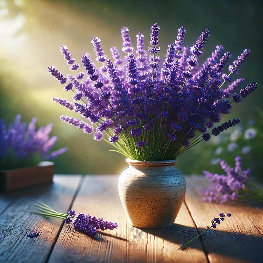 Cette image met en avant un magnifique bouquet de lavande fraîchement cueillie, disposé dans un vase rustique sur une table en bois. Avec ses fleurs violettes intenses et son parfum apaisant, la tisane de lavande est reconnue pour ses propriétés relaxantes et ses bienfaits en aromathérapie. Idéale pour illustrer un blog axé sur la santé naturelle, cette scène évoque calme, sérénité et bien-être.