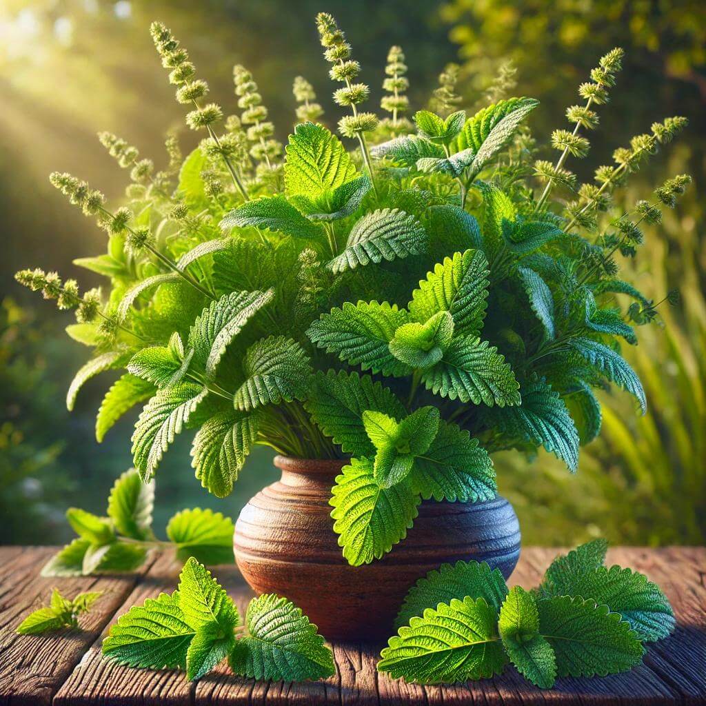 Cette image met en valeur un magnifique bouquet de mélisse fraîchement cueillie, arrangé dans un vase rustique sur une table en bois. Les feuilles vertes vives de la mélisse dégagent un parfum citronné apaisant, cette tisane est reconnu pour ses propriétés relaxantes et anti-stress. Idéale pour illustrer un blog sur les plantes médicinales et les remèdes naturels, cette scène inspire sérénité et bien-être.