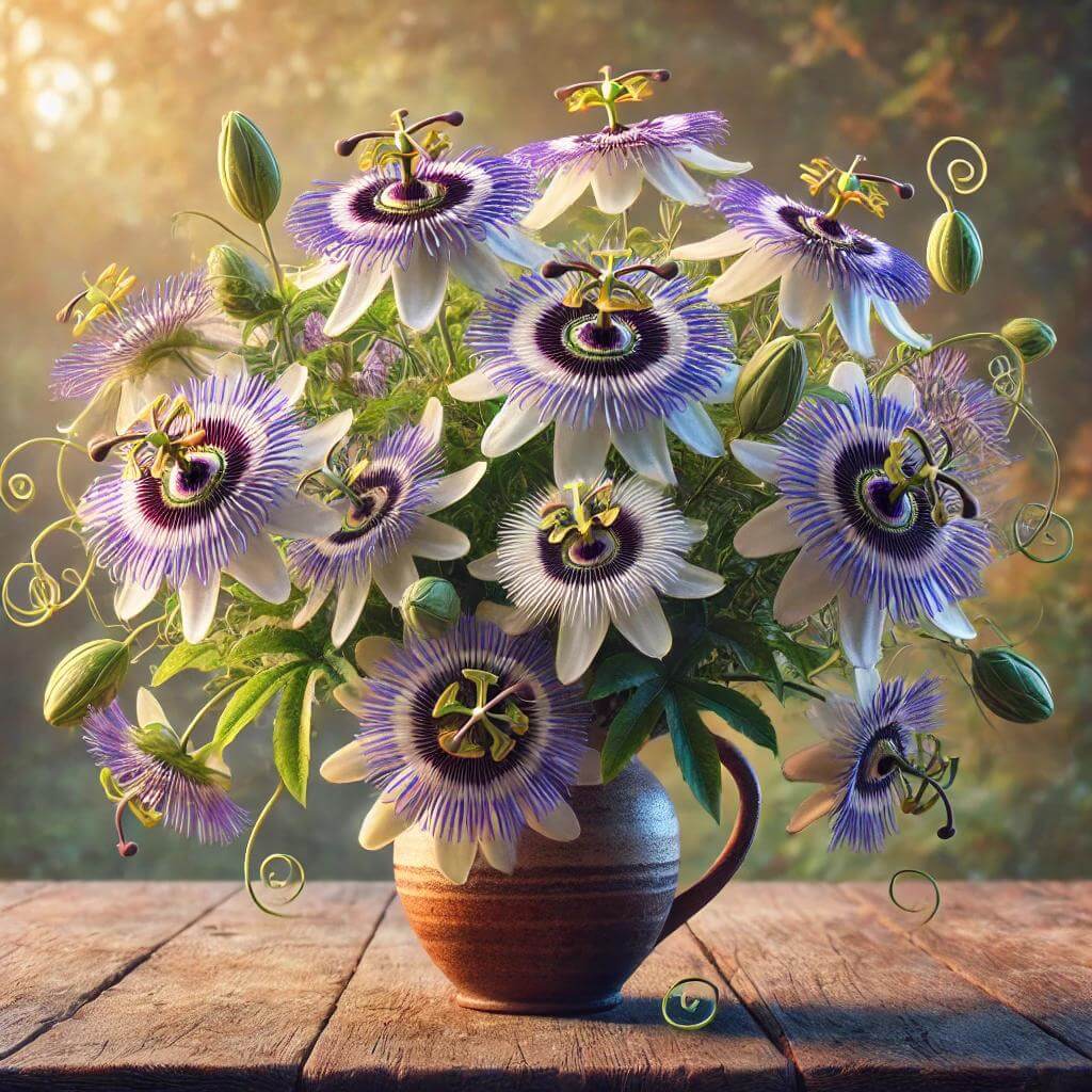 Cette image met en avant un magnifique bouquet de fleurs de passiflore, soigneusement arrangé dans un vase rustique sur une table en bois. Avec ses pétales violets et blancs aux formes uniques, la tisane de passiflore est connue pour ses propriétés relaxantes et anti-stress. Parfaite pour illustrer les bienfaits naturels de cette plante sur le sommeil et l’anxiété, cette scène inspire sérénité et bien-être. Idéale pour un blog sur la santé naturelle et les remèdes à base de plantes.