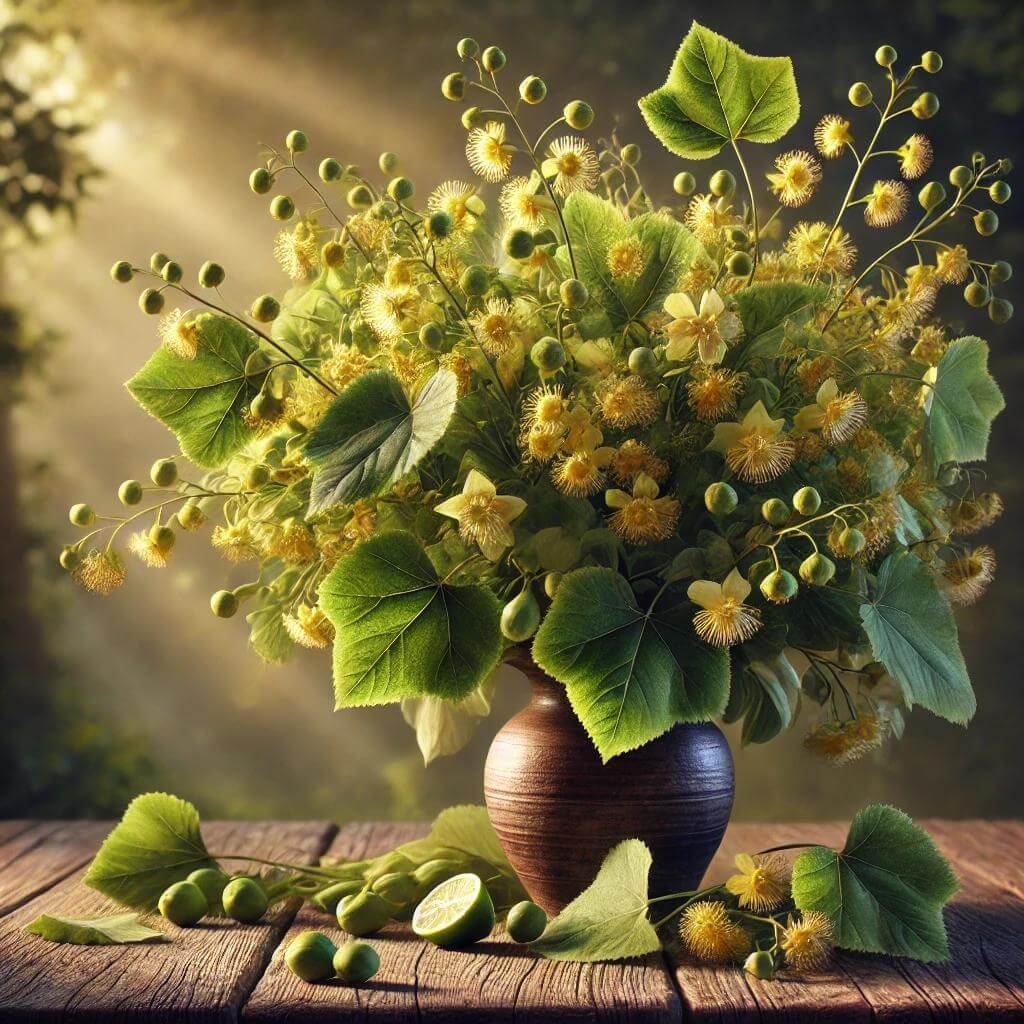 Cette image met en avant un magnifique bouquet de fleurs et de feuilles de tilleul fraîchement cueillies, disposé dans un vase rustique sur une table en bois. Avec ses fleurs jaune-vert et ses feuilles en forme de cœur, la tisane de tilleul est reconnu pour ses propriétés relaxantes et son efficacité dans l’amélioration du sommeil. Parfaite pour illustrer un blog axé sur les bienfaits des plantes médicinales, cette scène évoque sérénité et bien-être naturel.