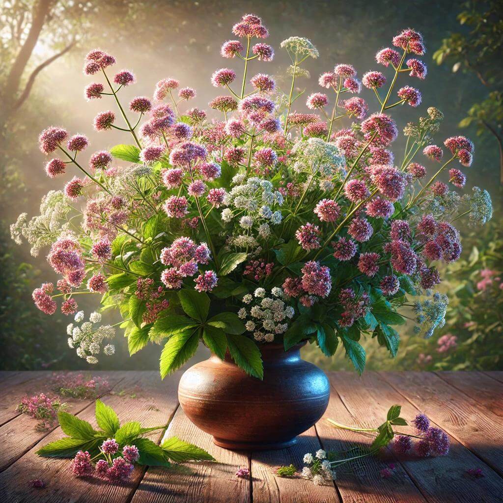 Cette image met en avant un bouquet de fleurs de valériane fraîchement cueillies, arrangé dans un vase rustique sur une table en bois. Les fleurs roses et blanches de la valériane évoquent une atmosphère apaisante et naturelle, cette tisane soulignant ses bienfaits pour le sommeil et la détente. Parfait pour un blog axé sur les remèdes naturels, cette scène inspire sérénité et bien-être.