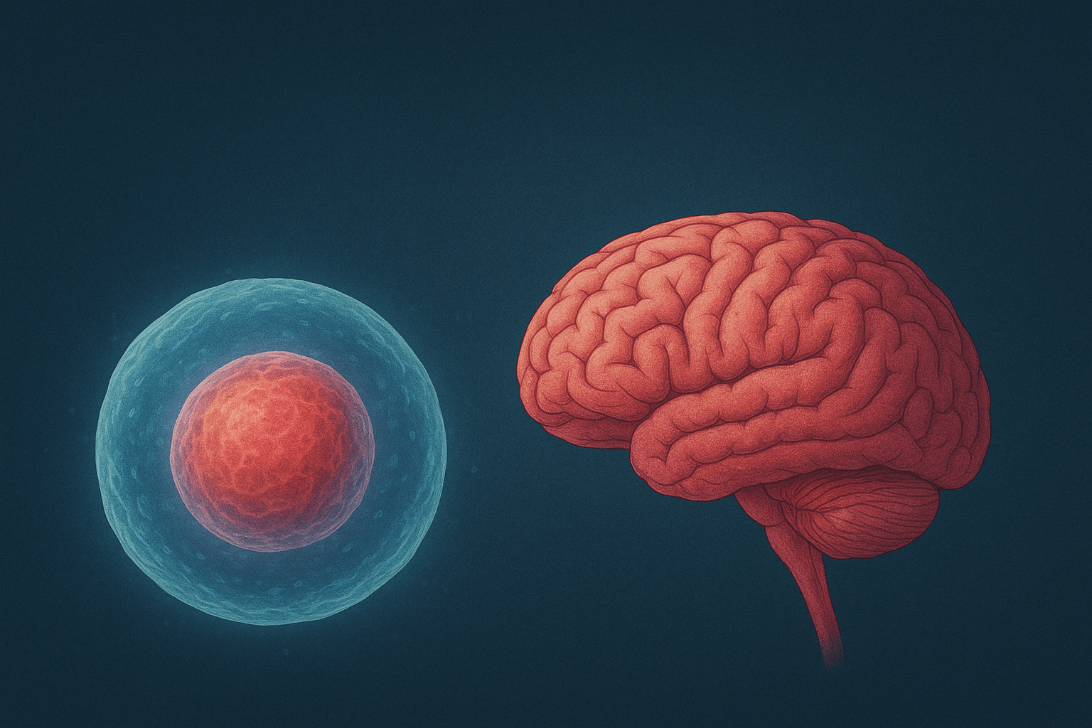 L’image montre une cellule souche détaillée, représentée par une membrane bleue translucide entourant un noyau rouge lumineux, placée à gauche sur un fond bleu foncé. À droite, un cerveau humain réaliste est illustré avec précision, mettant en évidence ses plis et sa structure. L’ensemble symbolise les avancées scientifiques permettant d’envisager l’utilisation des cellules souches pour réparer les neurones affectés par la maladie de Parkinson.