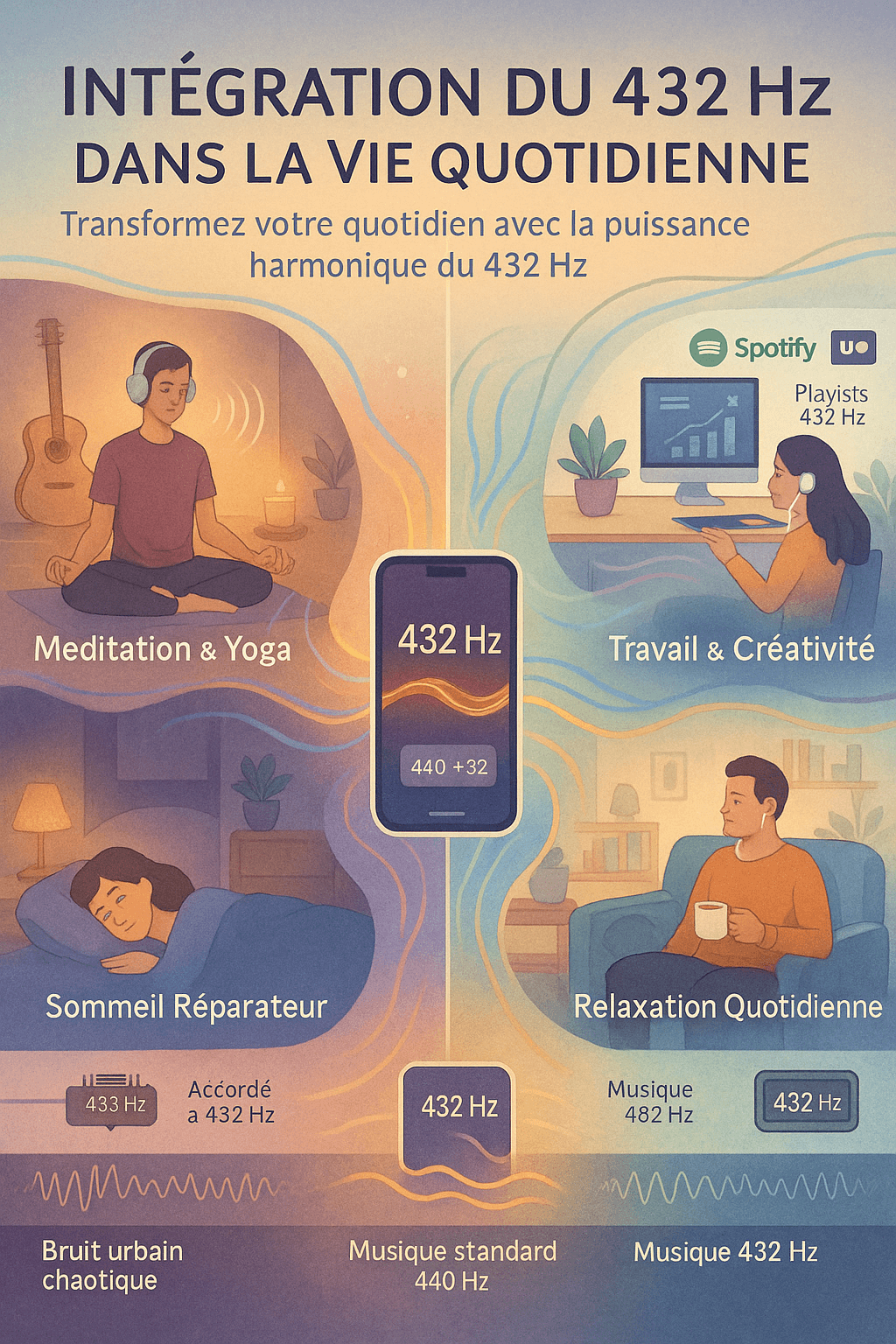 Découvrez comment intégrer la fréquence 432 Hz dans la vie quotidienne pour améliorer le bien-être. Cette infographie montre ses effets positifs sur la méditation, la concentration, le sommeil et la relaxation, grâce à une vibration plus douce et harmonieuse que le 440 Hz. Une ressource visuelle idéale pour comprendre les bénéfices du 432 Hz au quotidien.