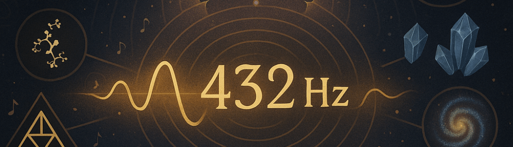 Infographie sur la fréquence 432 Hz montrant une onde sonore dorée au centre, entourée de cercles vibratoires. En haut, une silhouette méditative avec chakras alignés. À gauche, des symboles mathématiques et géométriques (phi, fractale, triangle sacré). À droite, des éléments naturels comme la fleur de vie, des cristaux et une galaxie. En bas, comparaison entre les ondes 440 Hz (bleues, serrées) et 432 Hz (dorées, larges). Des notes de musique et particules lumineuses décorent l’arrière-plan étoilé, avec le texte « La fréquence de l’univers ».
