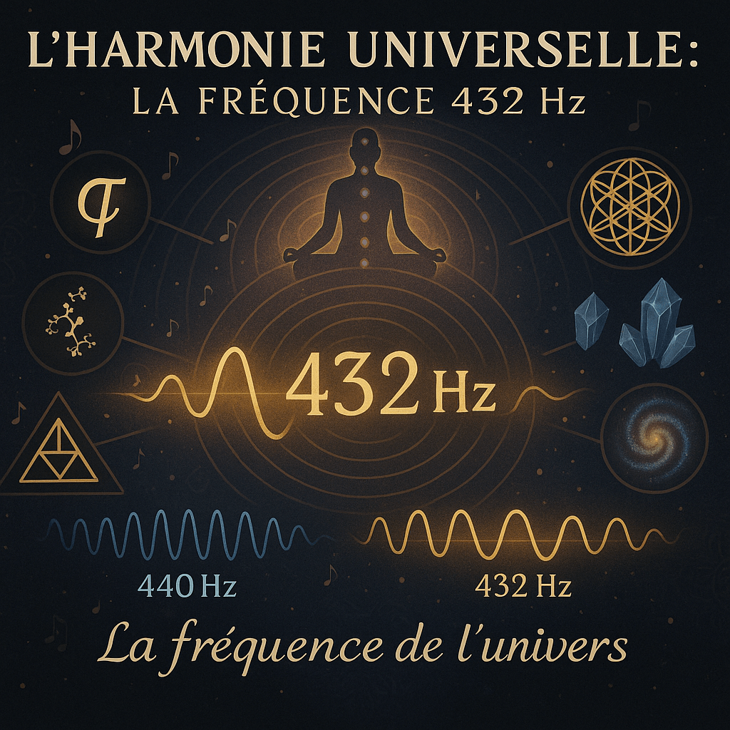 Le bas de l’image montre une comparaison entre deux ondes : une onde bleue serrée représentant 440 Hz et une onde dorée plus ample représentant 432 Hz. Tout autour, des notes de musique stylisées, des particules lumineuses et un fond bleu nuit étoilé créent une ambiance à la fois cosmique et apaisante. Le texte « La fréquence de l’univers » apparaît en écriture calligraphiée.