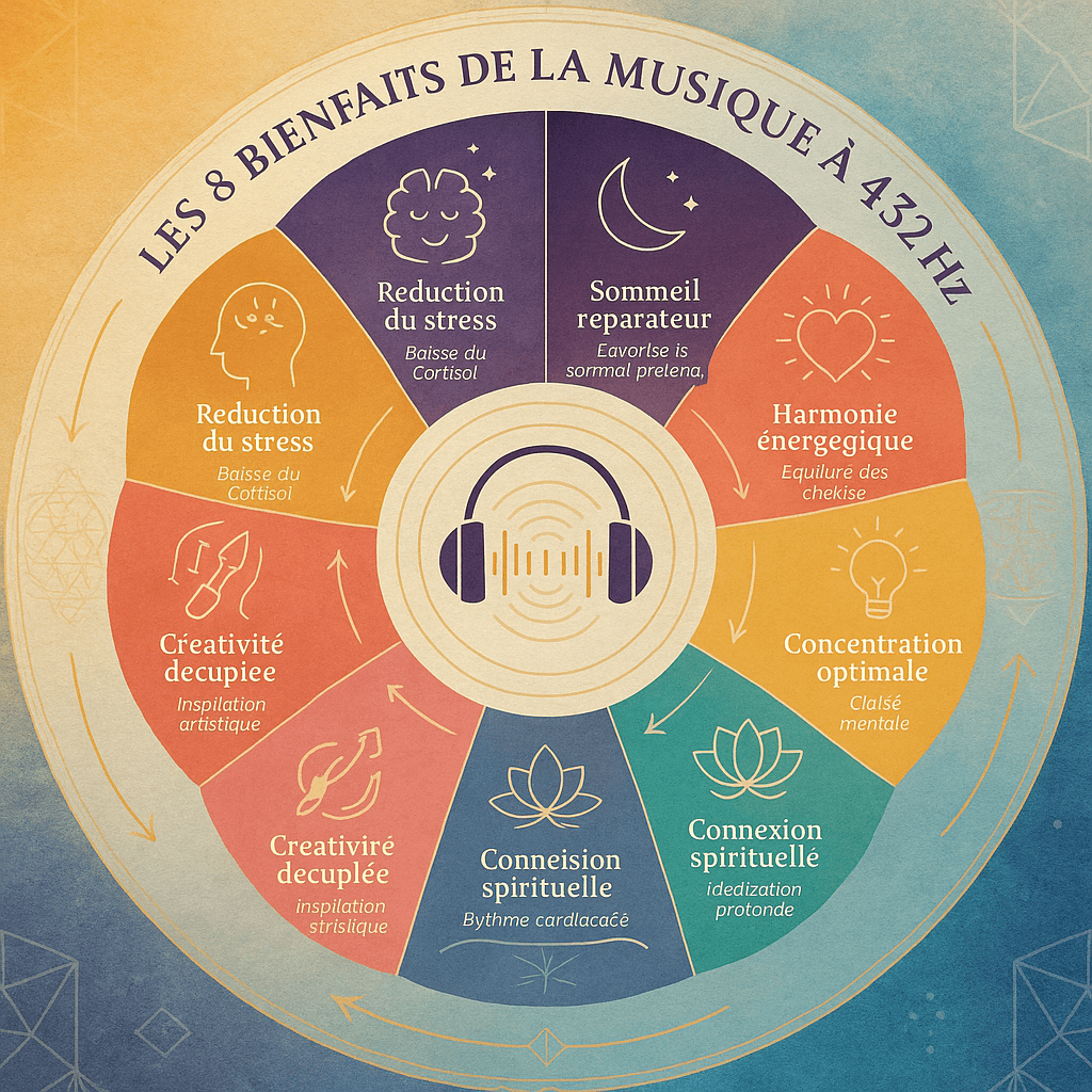 Cette infographie en forme de mandala met en lumière les huit bienfaits majeurs de la musique à 432 Hz, une fréquence réputée pour ses effets apaisants et harmonisants. Chaque section du cercle présente un avantage clé : réduction du stress, sommeil réparateur, harmonie énergétique, concentration accrue, connexion spirituelle, créativité décuplée, soutien du système cardiovasculaire et équilibre émotionnel. Au centre, une icône d’écouteurs symbolise la vibration sonore, entourée d’ondes et de motifs géométriques sacrés qui renforcent l’idée d’harmonie universelle. L’ensemble crée une représentation visuelle des vertus du 432 Hz pour le bien-être physique, mental et spirituel.