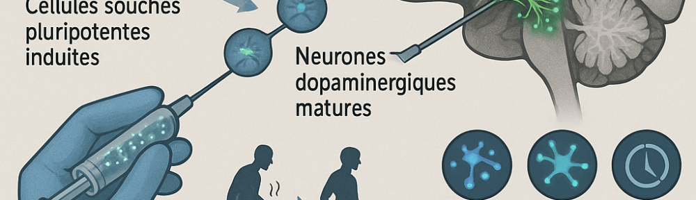 Infographie expliquant la thérapie par cellules souches pour traiter la maladie de Parkinson. En haut à gauche, des cellules souches pluripotentes induites sont représentées, suivies d’une flèche montrant leur différenciation en précurseurs neuronaux puis en neurones dopaminergiques matures. Au centre, une main gantée tient une seringue contenant des neurones verts fluorescents. À droite, un cerveau stylisé montre l’injection dans le striatum avec intégration des nouveaux neurones. Une comparaison avant/après illustre la diminution des symptômes moteurs. Des icônes indiquent les bénéfices potentiels : libération physiologique de dopamine, intégration neuronale et effet durable. Un graphique en bas montre la progression de la recherche des études précliniques aux futurs traitements.