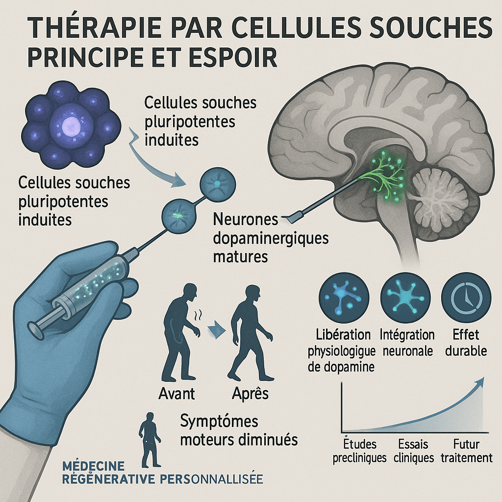 Sous cette scène, une silhouette “avant/après” illustre la réduction des symptômes moteurs. Trois icônes circulaires représentent les bénéfices attendus : libération physiologique de dopamine, intégration neuronale et effet durable. Enfin, un graphique montre l’évolution de la recherche, allant des études précliniques aux futurs traitements.