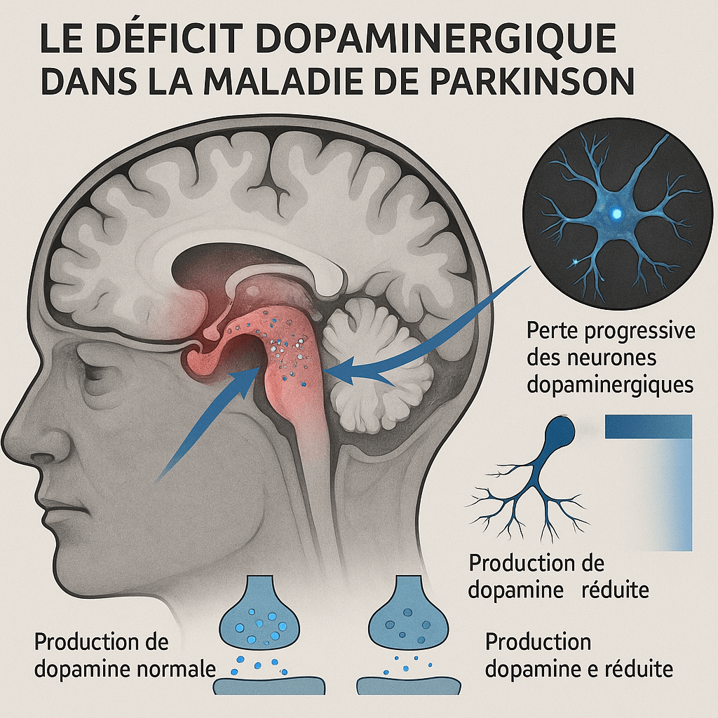L’illustration montre un cerveau humain en coupe sagittale, colorisé dans des tons gris scientifiques. Au centre, la substance noire apparaît en rose-rouge, divisée en deux zones contrastées : à gauche, elle est saine et contient de nombreux neurones dopaminergiques représentés par des points bleus lumineux ; à droite, elle est altérée, avec une forte diminution de ces points bleus. Des flèches bleues partent de la substance noire et se dirigent vers le striatum, illustrant les voies dopaminergiques. Un encart circulaire zoome sur un neurone sain comparé à un neurone dégénéré. Une échelle colorée indique la diminution de densité neuronale, et un schéma en bas de l’image compare la production normale de dopamine à une production réduite. Le texte "Perte progressive des neurones dopaminergiques" accompagne la représentation.