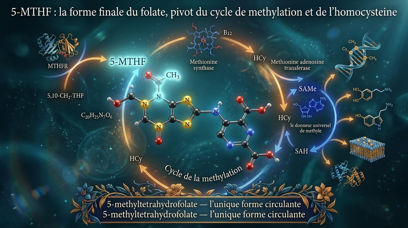 Représentation 3D complète du 5‑MTHF, seule forme du folate présente dans le plasma humain, et son rôle pivot dans le cycle de la méthionine et la reméthylation de l'homocystéine.