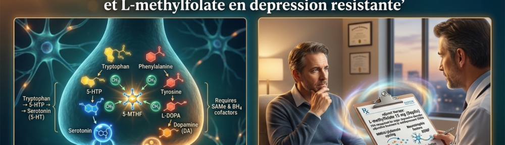 Infographie médicale split‑screen en style NEJM, sur fond teal‑cobalt profond illustrant la dimension psychiatrique du 5‑MTHF. Moitié gauche : synapse schématisée montrant les voies du tryptophane (jaune) → 5‑HTP → sérotonine (bleu) et de la phénylalanine (rouge) → tyrosine → L‑DOPA → dopamine (orange), les deux réactions étant dépendantes du cofacteur BH4 (tétrahydrobioptérine) et de la méthylation SAMe ; petite molécule jaune étoilée de 5‑MTHF fournissant les groupes méthyles aux réactions de méthylation. Moitié droite : scène clinique — patient pensif baigné d'une lumière chaude, interrogé par un médecin ; un porte‑document médicaux indiquant « traitement d'appoint, L‑méthylfolate 15 mg (Deplin®) » reconnu par la FDA pour le traitement adjuvant du trouble dépressif majeur en complément des ISRS ; encart central : cerveau avec structures limbiques (cortex préfrontal, hippocampe, amygdale) sous une lumière d'aurore calmante évoquant la modulation émotionnelle. Palette ambre‑cobalt, rendu photoréaliste 16:9.