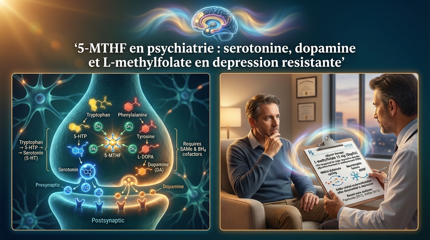 Vue d'ensemble du rôle du 5‑MTHF dans la biosynthèse des neurotransmetteurs et de son reconnaissance officielle par la FDA comme adjuvant en dépression résistante (L‑méthylfolate 15 mg, Dépliant®).