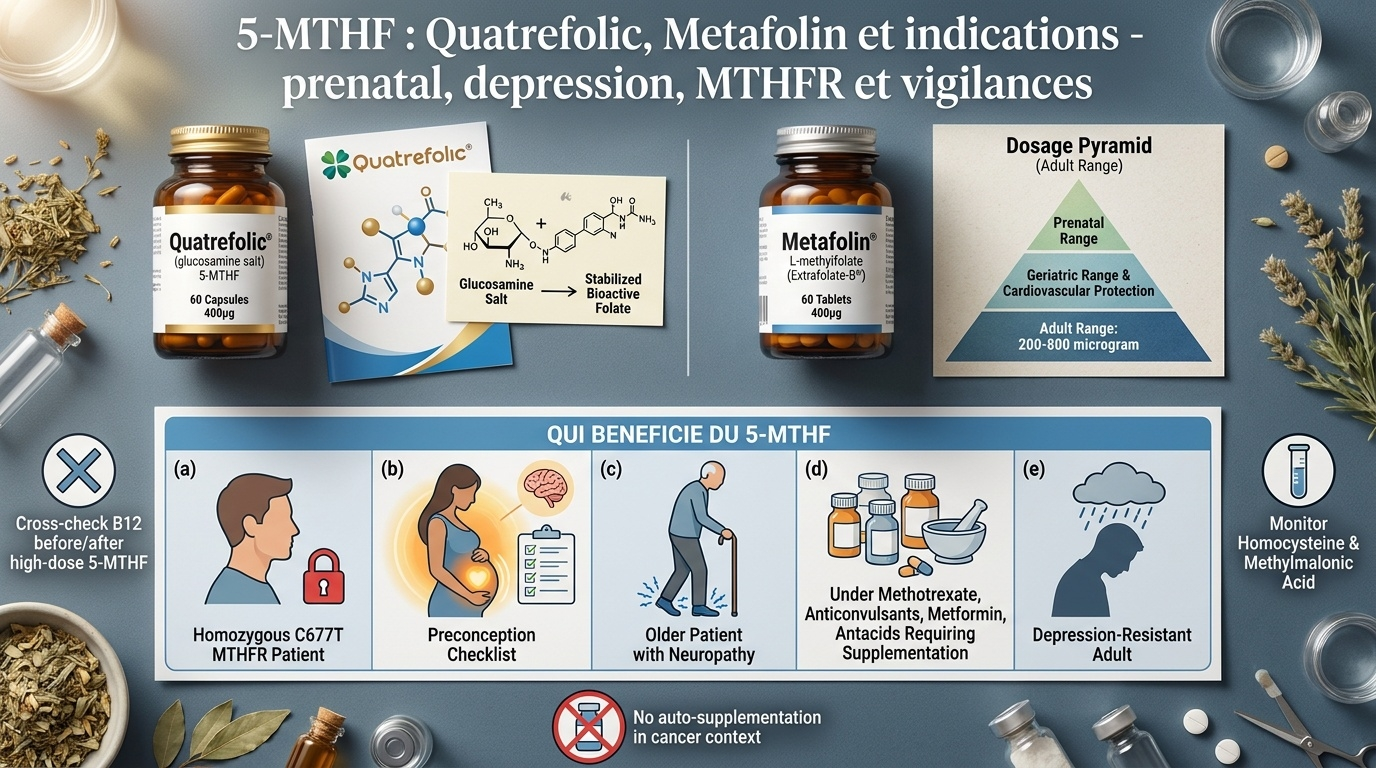 Vue pratique : deux sels stabilisés principaux du 5‑MTHF (Quatrefolic®, Metafolin®), leurs indications segmentées et les vigilances cliniques.