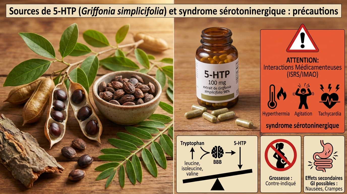 Vue d'ensemble pratique des sources naturelles et commerciales du 5‑HTP et des précautions médicales critiques : risque de syndrome sérotoninergique en association avec les antidépresseurs, contre‑indications chez la femme enceinte/allaitante.