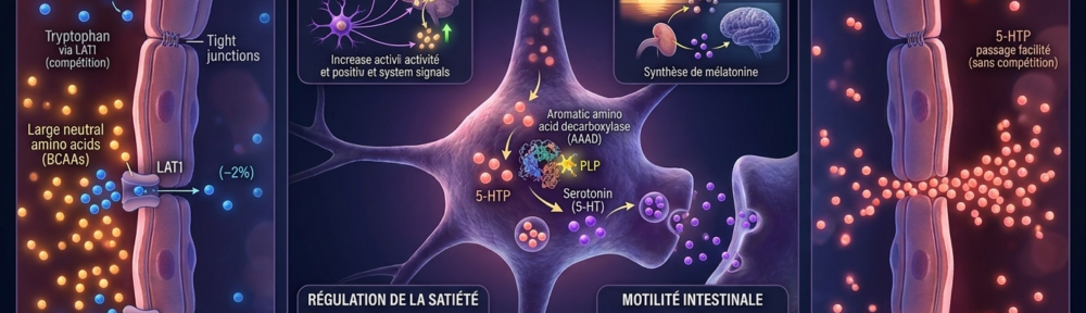 Illustration médicale hyper‑réaliste comparant le passage de la barrière hémato‑encéphalique entre le tryptophane (à gauche : compétition avec les BCAA au LAT1, seulement 1–2 % cérébral) et le 5‑HTP (à droite : passage libre sans compétition, meilleure biodisponibilité cérébrale), suivie d'un neurone du noyau raphé produisant la sérotonine à partir du 5‑HTP via la décarboxylase (PLP‑vitamine B6), avec quatre encarts illustrant les fonctions de la sérotonine : régulation de l'humeur (cortex frontal, système limbique), rythme veille‑sommeil (glande pinéale transformant la sérotonine en mélatonine la nuit, symbolisée par un crépuscule), satiété alimentaire (hypothalamus, réduction des fringales de glucides) et motricité intestinale (axe microbiote‑intestin‑cerveau, cellules entérochromaffines).