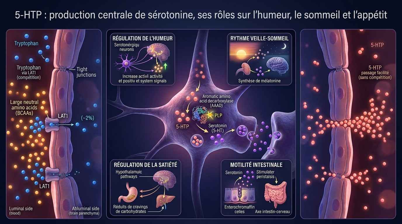 Vue d'ensemble du parcours cérébral du 5‑HTP et de la production de sérotonine par les neurones du raphé, avec mise en évidence des quatre fonctions physiologiques majeures de la sérotonine : humeur, sommeil, appétit, motricité intestinale.