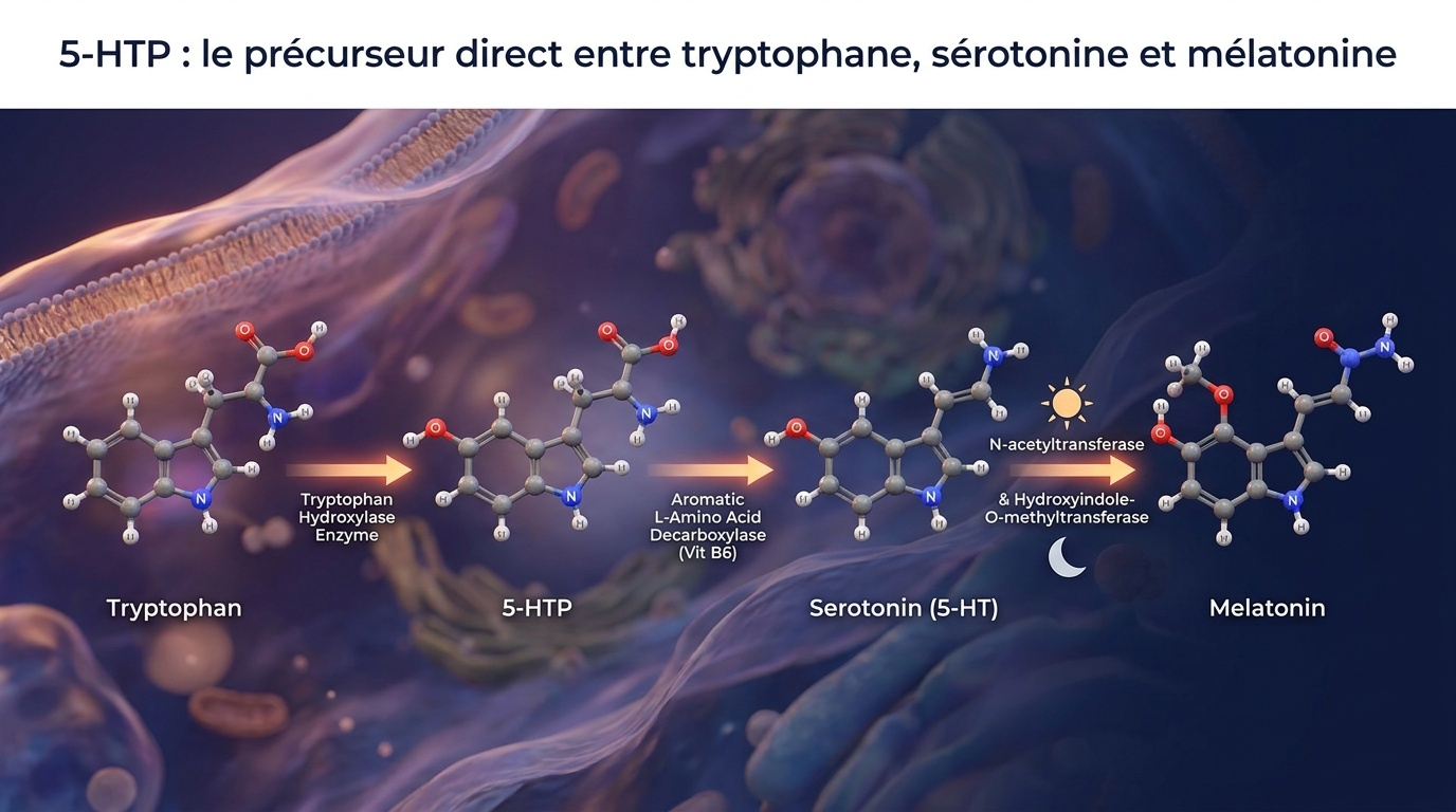 Représentation pédagogique de la chaîne de fabrication biochimique en deux temps qui mène du tryptophane alimentaire à la sérotonine puis à la mélatonine, avec mise en évidence du rôle du 5‑HTP comme intermédiaire charnière.