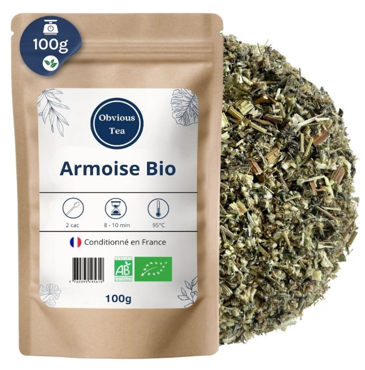 Sachet kraft de 100 g de tisane « Armoise Bio » signée Obvious Tea, avec instructions d'infusion (2 c. à café, 8–10 min, 95 °C), logo Agriculture Biologique, mention « Conditionné en France », accompagné d'un tas de feuilles d'armoise séchées.