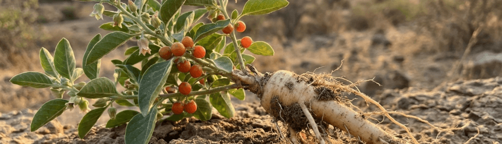 Photographie hyperréaliste de la plante Ashwagandha (Withania somnifera) fraîchement récoltée montrant sa racine pivotante crème caractéristique utilisée depuis plus de 3000 ans en médecine ayurvédique, avec ses feuilles vertes ovales et ses baies rouge-orangé.