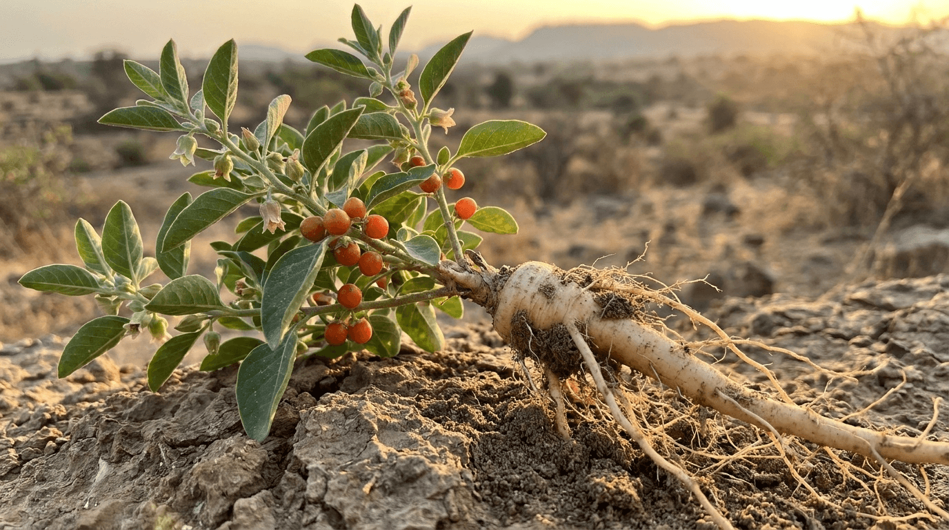 Vue botanique authentique de la plante adaptogène Ashwagandha dans son habitat naturel, mettant en valeur la racine pivotante et les baies caractéristiques traditionnellement prisées en Ayurveda.