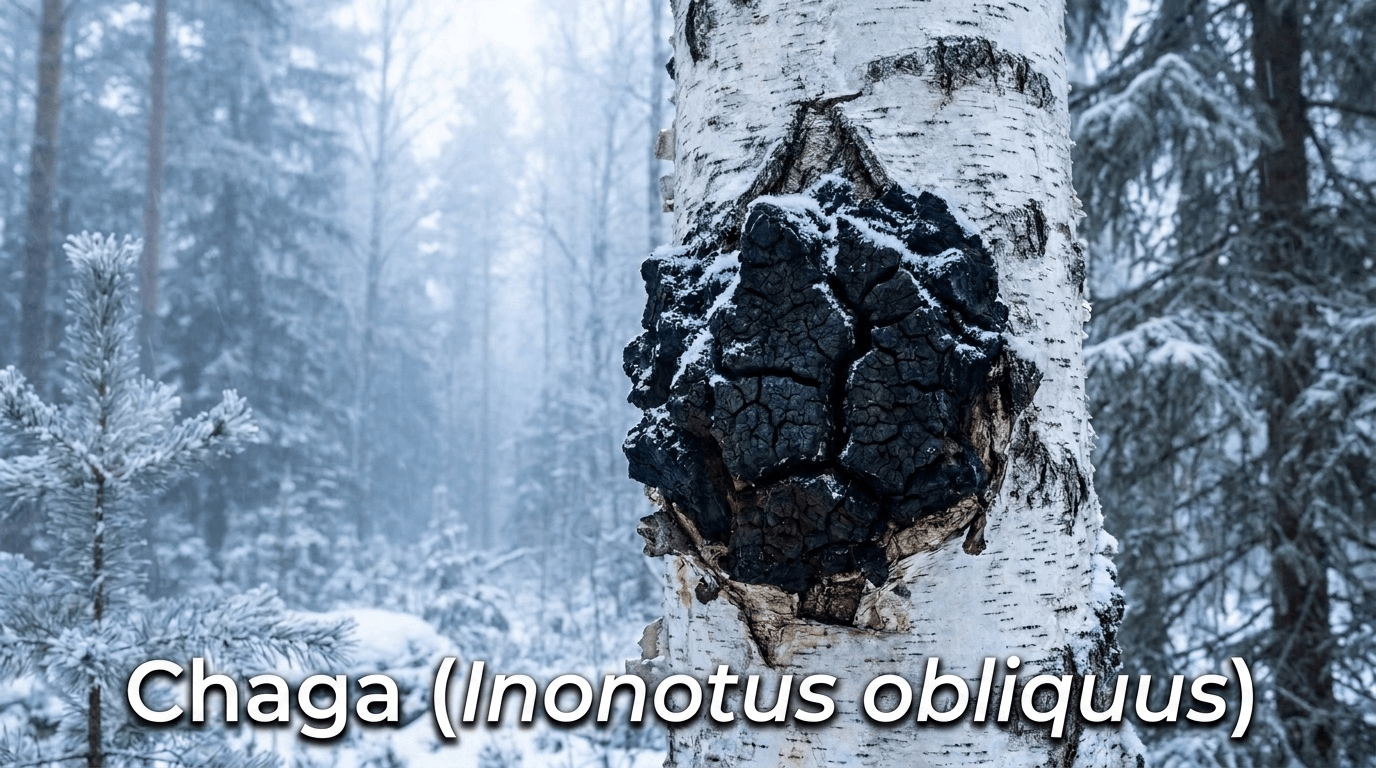 Le Chaga (Inonotus obliquus), champion des antioxydants, pousse sur les bouleaux des forêts boréales. Sa teneur exceptionnellement élevée en composés antioxydants en fait l'un des champignons les plus étudiés.