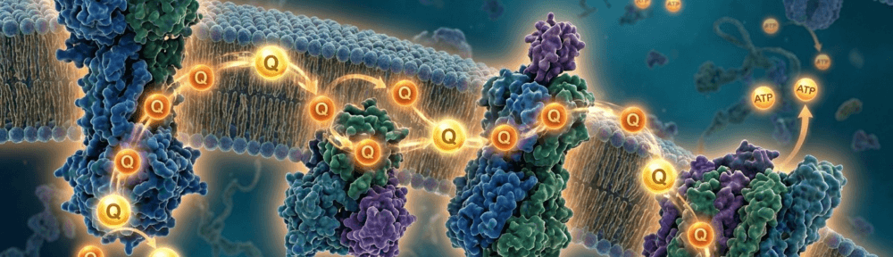 Visualisation hyperréaliste de la membrane mitochondriale interne montrant la Coenzyme Q10 transporter activement des électrons entre les complexes I/II et III de la chaîne respiratoire, illustrant son rôle indispensable dans la production d'ATP cellulaire.